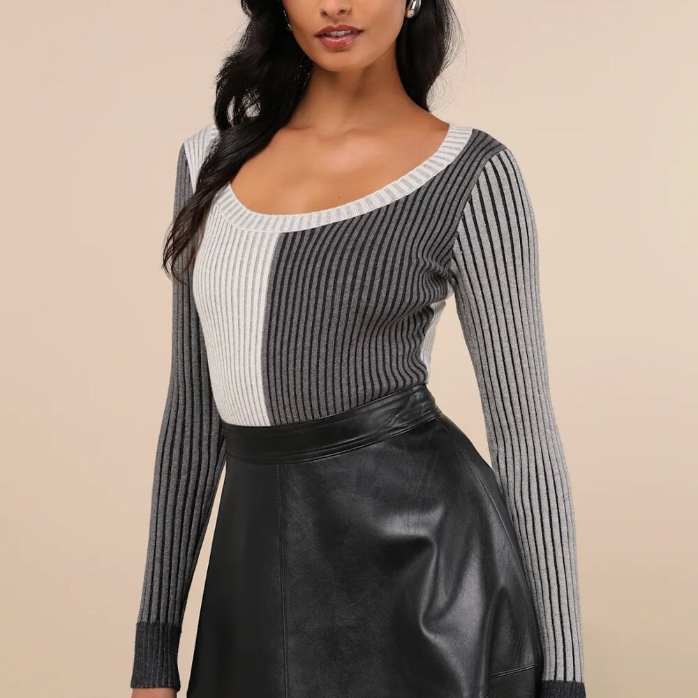 Lulus Mod Cutie Grey Color Block Ribbed Long Sleeve Bodysuit